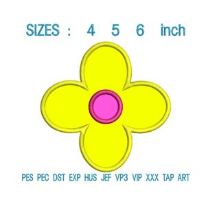 May include: A yellow four-petal flower design with a pink center and a gold outline. The image includes the text "SIZES: 4 5 6 inch" and various file format abbreviations.