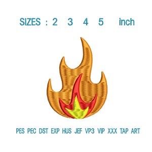 May include: An embroidered flame design in shades of gold, red, and yellow. The image includes text indicating available sizes from 5 to 13 cm. Additional text lists embroidery file formats.