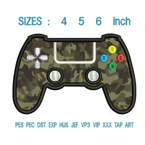 May include: A camouflage-patterned video game controller design. The controller has a black outline, with a white directional pad and colored buttons. Text above reads "SIZES: 4 5 6 inch". Below the controller are embroidery file formats.