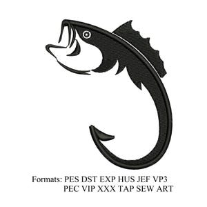 May include: Black embroidered design of a fish shaped like a hook, with an open mouth and eye. The fish is curved, with the hook at the bottom. Text at the bottom reads "Formats: PES DST EXP HUS JEF VP3 PEC VIP XXX TAP SEW ART".
