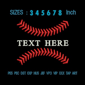 May include: Black background with red baseball stitching design. The text "TEXT HERE" is in white. Sizes range from 7.6 to 20.3 cm. Includes file formats: PES, PEC, DST, EXP, HUS, JEF, VP3, VIP, XXX, TAP, ART.