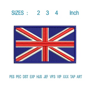 May include: Embroidered patch featuring the Union Jack, the national flag of the United Kingdom. The flag design includes red and white diagonal stripes over a blue background. The patch is available in sizes 2, 3, and 4 inches.