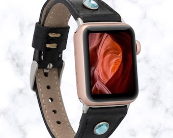 Custom Slim Leather Apple Watch Band, Personalized iWatch Strap with Gemstones