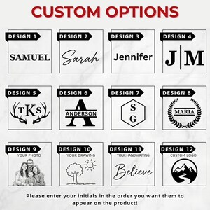 K&ouml;nnte beinhalten: Bild mit 12 individuellen Designoptionen f&uuml;r personalisierte Produkte. Designs umfassen Namen, Initialen, Familienfotos, Zeichnungen, Handschrift und Logos. Der Text "CUSTOM OPTIONS" steht oben, mit Anweisungen unten.