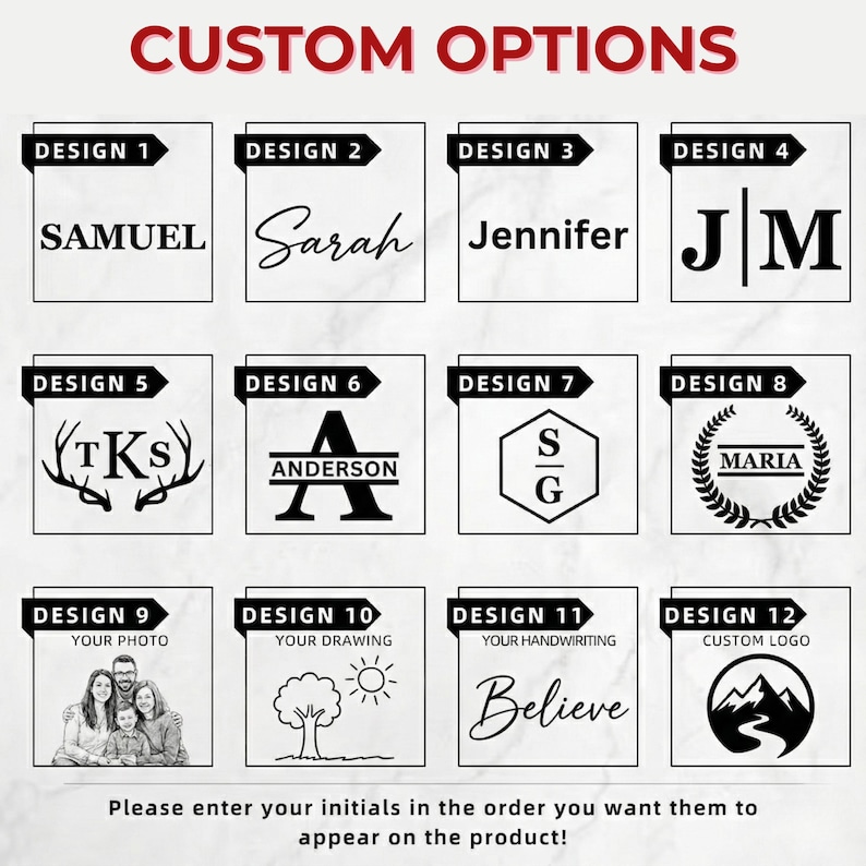K&ouml;nnte beinhalten: Bild mit 12 individuellen Designoptionen f&uuml;r personalisierte Produkte. Designs umfassen Namen, Initialen, Familienfotos, Zeichnungen, Handschrift und Logos. Der Text "CUSTOM OPTIONS" steht oben, mit Anweisungen unten.