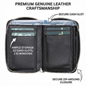 Könnte beinhalten: Geöffnete schwarze Ledergeldbörse mit umlaufendem Reißverschluss. Sie hat Kartenfächer, Ausweisfächer und ein Geldfach. Der Text lautet "PREMIUM GENUINE LEATHER CRAFTSMANSHIP" und "AMPLE STORAGE: 10 CARD SLOTS, 2 ID WINDOWS."
