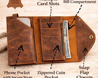 Personalized Leather Wallet with Phone Pocket, Zipper Coin Pocket, Custom Engraved  Embossed Wallet for Men & Women