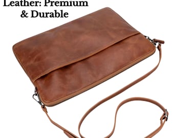 Personalized Leather Laptop Bag, Custom Monogram 14 16 Inc Case, Slim Genuine Leather Briefcase, Minimalist MacBook Sleeve