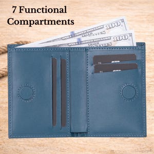May include: Open teal leather wallet with seven compartments, including slots for cards and cash. The wallet is open, revealing several one hundred dollar bills and two dark cards. The text "7 Functional Compartments" is at the top.