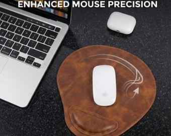 Personalized Leather Mouse Pad with Wrist Rest, Luxury Desk Accessory, Custom Embossed Mousepad for Office or Gaming Setup