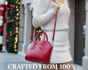 Personalized Genuine Leather Top Handle Bag - Custom Small Crossbody Purse with Zipper & Adjustable Strap