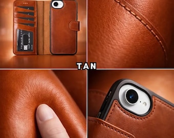 Genuine Leather iPhone Wallet Case, Detachable Magnetic Cover, RFID Protection
