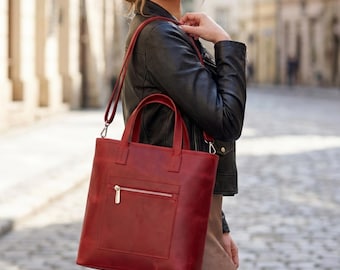 Personalized Genuine Leather Tote Bag for Women, Custom Soft Leather Shoulder Bag with Zipper, Handmade Everyday Tote Purse