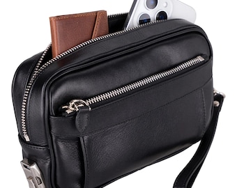 Pochette personnalisée en cuir véritable, pochette personnalisée pour homme, pochette pour téléphone grande capacité gravée avec cadenas sécurisé