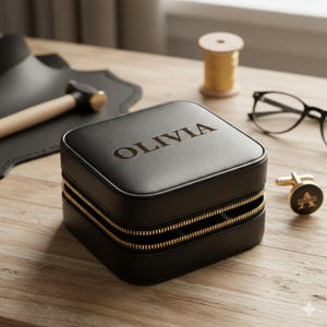 K&ouml;nnte beinhalten: Schwarze quadratische Schmuckschatulle mit goldenem Rei&szlig;verschluss und dem eingravierten Namen "OLIVIA" auf der Oberseite. Ein Paar goldene Manschettenkn&ouml;pfe mit dem Buchstaben "A" befindet sich neben der Schatulle. Die Schatulle steht auf einer Holzoberfl&auml;che.