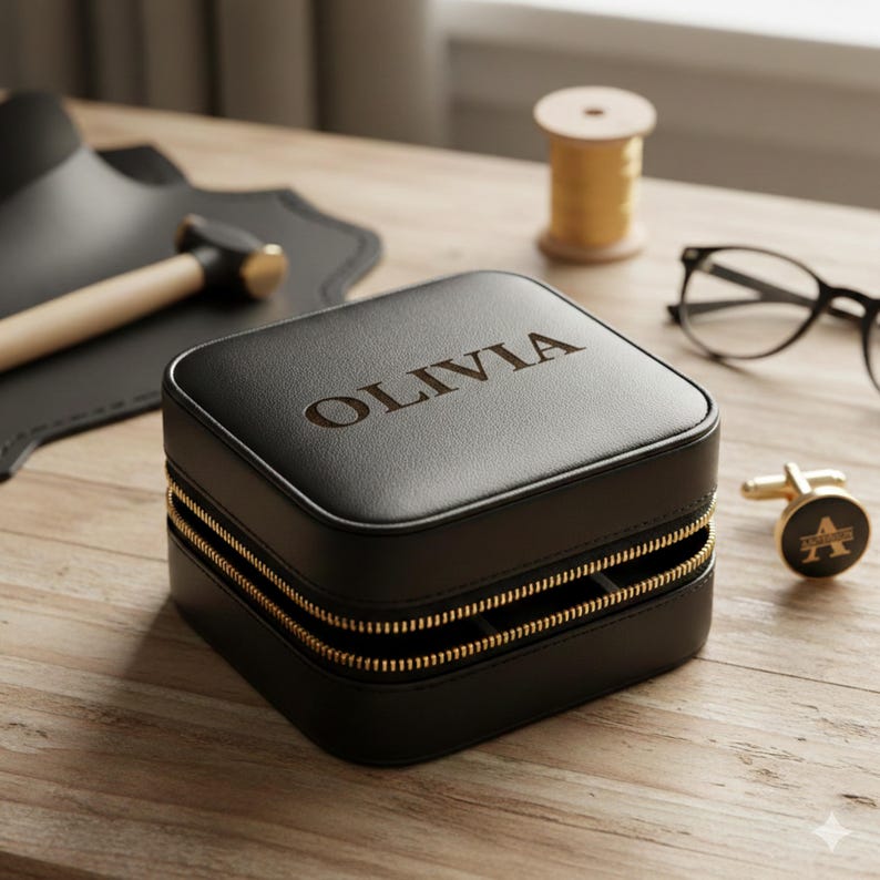 K&ouml;nnte beinhalten: Schwarze quadratische Schmuckschatulle mit goldenem Rei&szlig;verschluss und dem eingravierten Namen "OLIVIA" auf der Oberseite. Ein Paar goldene Manschettenkn&ouml;pfe mit dem Buchstaben "A" befindet sich neben der Schatulle. Die Schatulle steht auf einer Holzoberfl&auml;che.