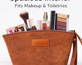 Personalized Leather Makeup Bag, Custom Name Engraved Cosmetic Bag, Zipper Makeup Bag, Birthday Gift Cosmetic Bag for Women