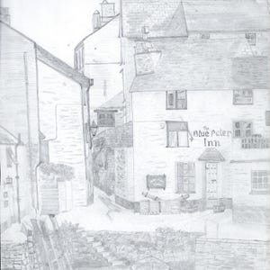 Peut inclure: Dessin au crayon d'un village européen avec des bâtiments et une enseigne "The Blue Peter Inn". Un petit bateau est au premier plan, avec une rivière ou un canal. Le croquis capture l'ambiance d'un village traditionnel.