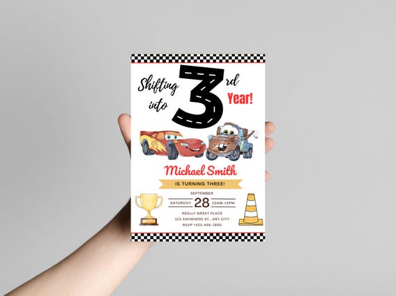 Shifting into 3rd Year Birthday Invitation, Third Birthday Invite, Cars Birthday Invite, Shifting into Third Year Invite