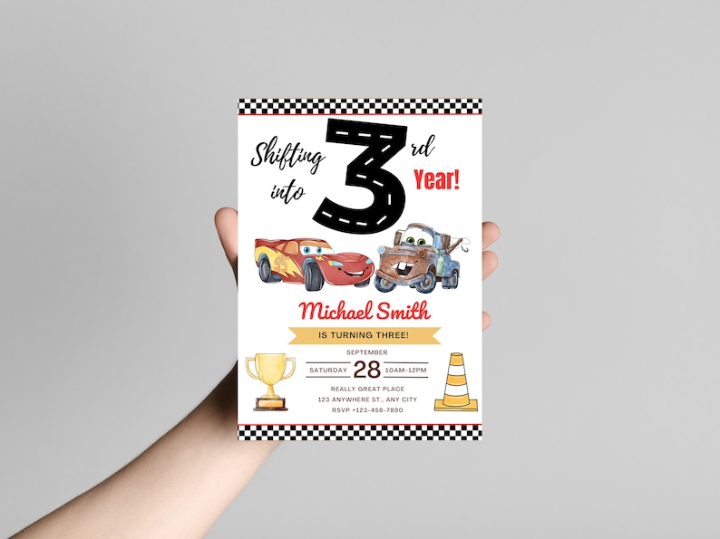 May include: A birthday invitation with cartoon car illustrations and the text "Shifting into 3rd Year!" The invitation includes the name "Michael Smith" and event details. The design incorporates a checkered flag border and racing-themed graphics.