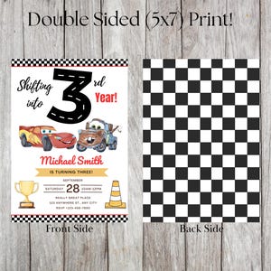 May include: Double-sided 5x7 inch birthday party invitation. The front features a race car theme with the text "Shifting into 3rd Year!" and the name "Michael Smith". The back has a black and white checkered pattern.