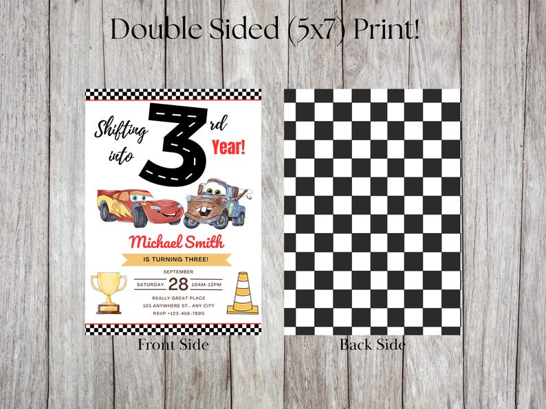 May include: Double-sided 5x7 inch birthday party invitation. The front features a race car theme with the text "Shifting into 3rd Year!" and the name "Michael Smith". The back has a black and white checkered pattern.