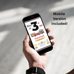 May include: A black smartphone screen shows a birthday invitation with car illustrations. The invitation says "Shifting into 3rd Year!" with the name "Michael Smith" and party details. A mobile version is included.