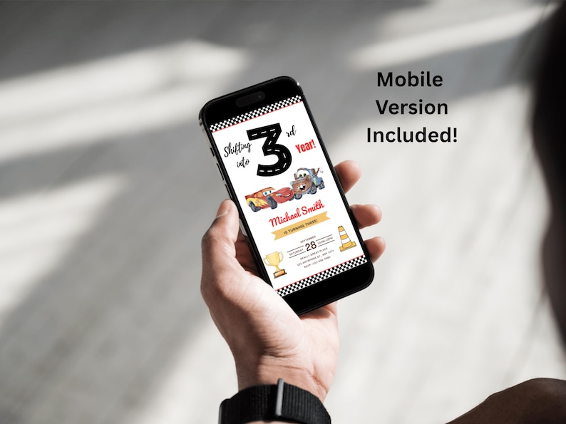 May include: A black smartphone screen shows a birthday invitation with car illustrations. The invitation says "Shifting into 3rd Year!" with the name "Michael Smith" and party details. A mobile version is included.