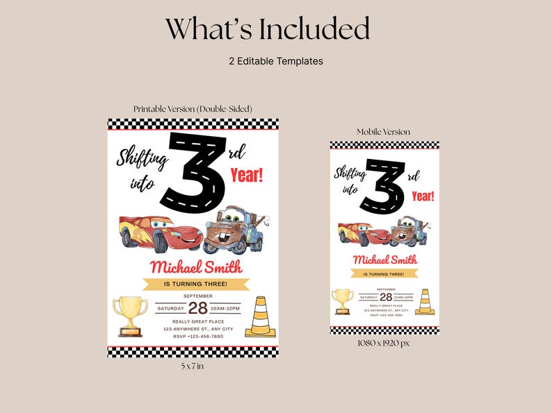 May include: Two birthday invitation templates are shown, one printable and one mobile. The printable version is 12.7 x 17.8 cm and features a race car theme with the text "Shifting into 3rd Year!" and "Michael Smith is turning three!"