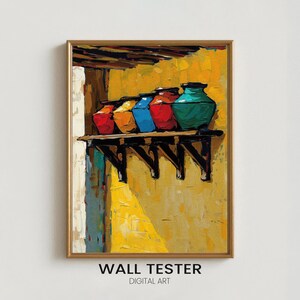 Puede incluir: Una impresión artística digital enmarcada que presenta una fila de coloridas ollas de cerámica sobre una estantería de madera contra una pared amarilla. Las ollas son rojas, naranjas, azules y verdes. El texto "WALL TESTER DIGITAL ART" está en la parte inferior.