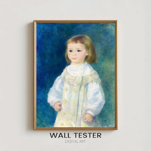 Puede incluir: Impresión digital enmarcada de un retrato de un niño pequeño con un vestido blanco con cuello de encaje, sobre un fondo azul. La obra de arte está en un marco dorado, con el texto "WALL TESTER DIGITAL ART" en la parte inferior.
