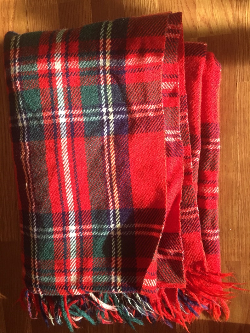Large Vintage Christmas Red Plaid Wool Woolen Winter Blanket Cozy Free Ship Christmas Sale