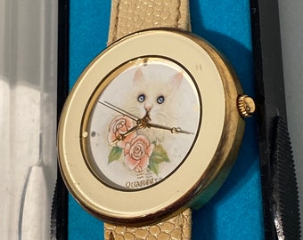 SALE ! Vintage CAT Kitten Watch NIB Mens Womens 70s 80s 90s 1970s 1980s 1990s Gold Tone Nib New in Box Free Shipping