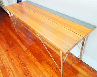 Mid Century Large Vintage Wood Industrial Folding Desk Wall Paper Carpenter Table w/ Straight Edge Primitive Architectural Eames Era 1960's