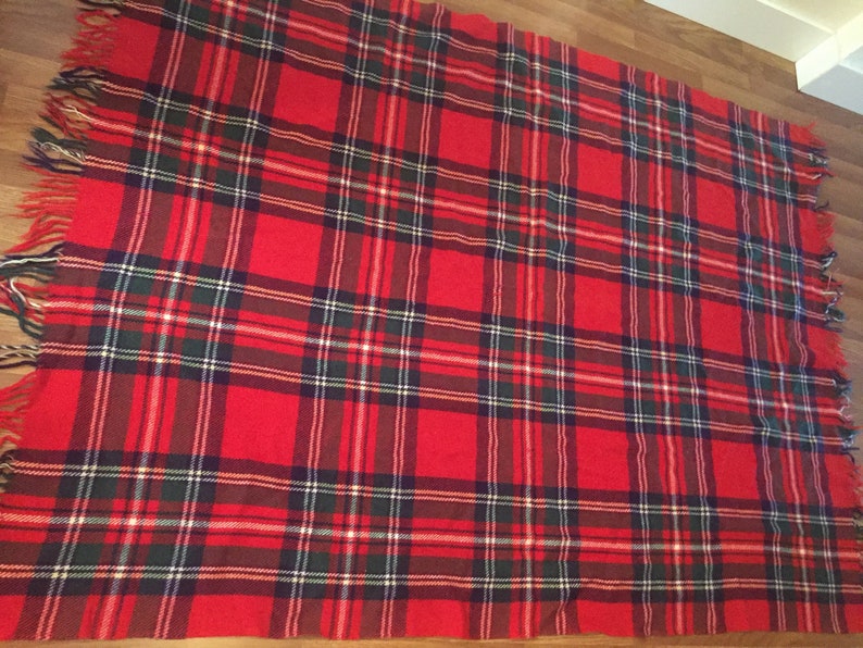 Large Vintage Christmas Red Plaid Wool Woolen Winter Blanket Cozy Free Ship Christmas Sale