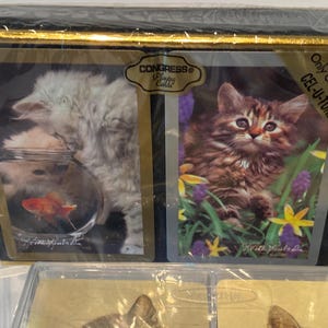 May include: A deck of playing cards with a white cat in a fishbowl on one side and a brown tabby cat in a field of flowers on the other. The cards are from Congress Playing Cards and have a Gel-U-Tone finish. The text "Only Congress Cards Gel-U-Tone Finish" is printed on the back of the cards.