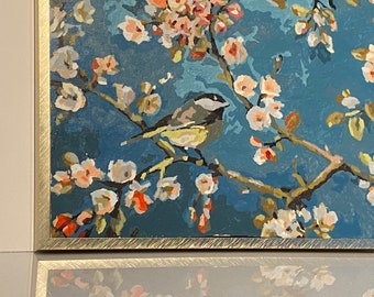 SALE ! WATCH Video- Orig. Painting Birds Nature Cherry Blossom Trees Flowers Spring Summer Unsigned Canvas Vintage Metal Frame Art Free Ship