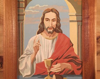 SALE ! 1959 Jesus Holy Grail Mid-Century Painting Paint by Number Jesus Last Supper Virgin Mary Back Wood Frame 1950s Rare