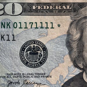 May include: Close-up of a United States twenty-dollar bill. The bill features the text "FEDERAL RESERVE SYSTEM" and "THIS NOTE IS LEGAL TENDER FOR ALL DEBTS, PUBLIC AND PRIVATE". The bill also displays the number "20" and the portrait of Andrew Jackson.