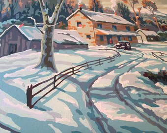 SALE Original Painting Village Snow Scene Winter Wood Frame 20x16 Canvas Mid Century Artist Signed Wall Art Vintage SALE Original Painting Village Snow Scene Winter Wood Frame 20x16 Canvas Mid Century Artist Signed Wall Art Vintage