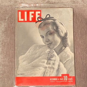 Sale ! LIFE Magazine Dec 6, 1943 Ear Muffs Fashion Model Cover 1940s 40s WWII Mid-Century USA American History Free Shipping