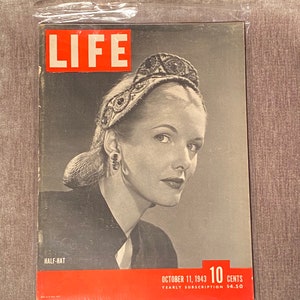 SALE ! LIFE Magazine October 11, 1943 Half Hat Fashion Model Cover 1940s 40s wwii mid-century Mcm USA American History Free Shipping