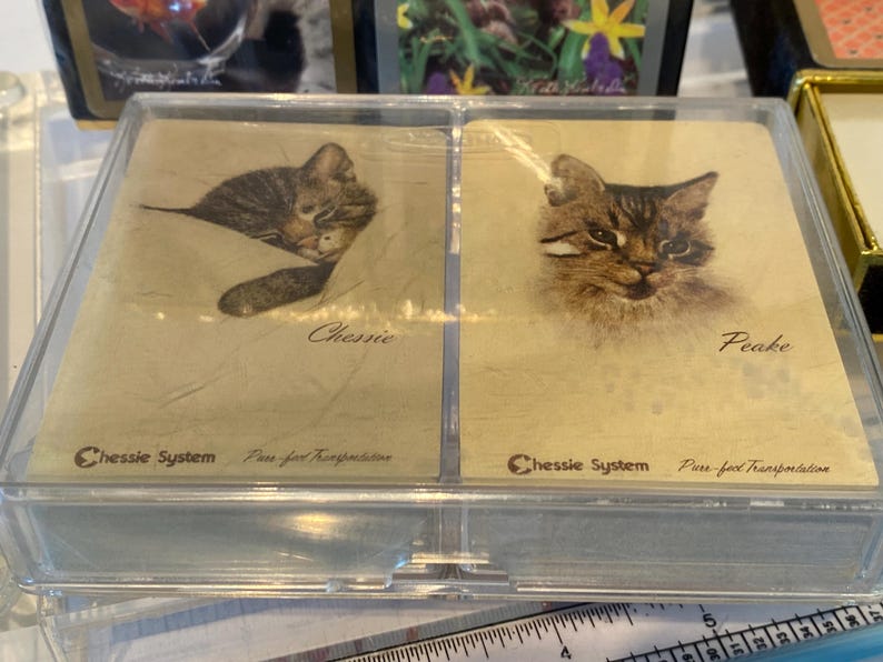 May include: Two cards with images of cats on them. The card on the left has a sleeping cat with the name "Chessie" and the text "Chessie System Pass for Transportation". The card on the right has a cat looking at the camera with the name "Peake" and the text "Chessie System Pass for Transportation".