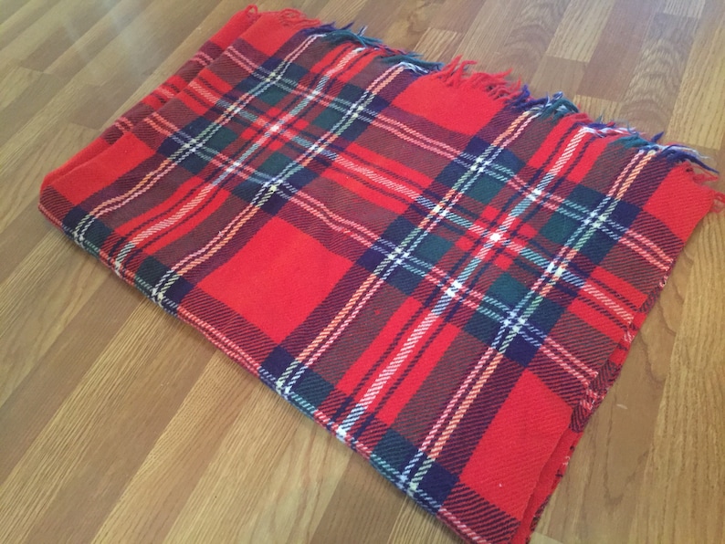 Large Vintage Christmas Red Plaid Wool Woolen Winter Blanket Cozy Free Ship Christmas Sale