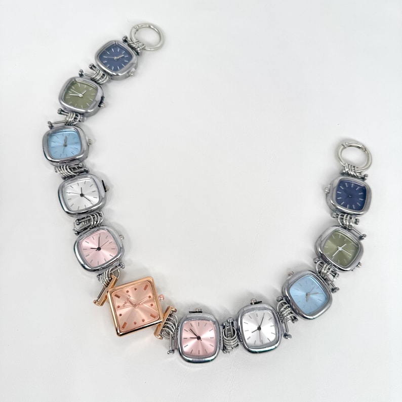 Muted Pastel Watch Chain Bag Strap, Silver Tone Clock Faces Purse Strap, Cool Grunge Bag Accessory, Y2K Minimalist Bag Chain image 2