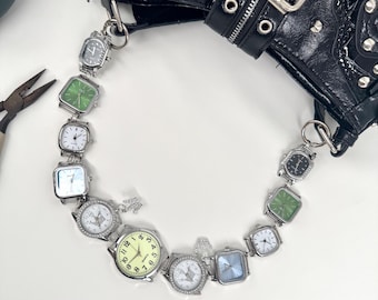 Silver Tone Watch Chain Bag Strap, Monochrome Cool Tone Clock Faces Purse Strap, Cyber Y2K Bag Accessory, Edgy Techwear Bag Chain