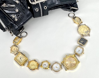 Vintage Gold Tone Watch Chain Bag Strap, All Gold Clock Faces Purse Strap, Old Money Y2K Bag Accessory, Luxury Punk Bag Chain