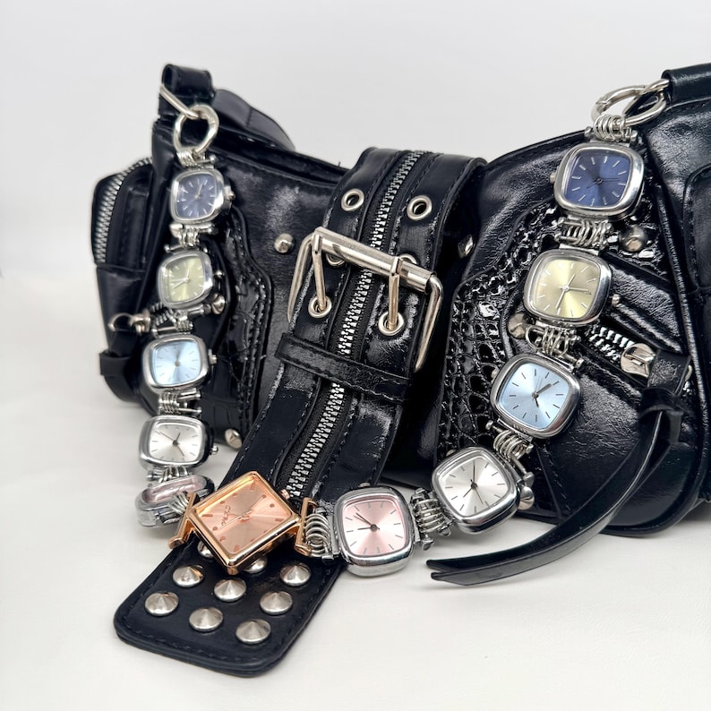 Muted Pastel Watch Chain Bag Strap, Silver Tone Clock Faces Purse Strap, Cool Grunge Bag Accessory, Y2K Minimalist Bag Chain image 3