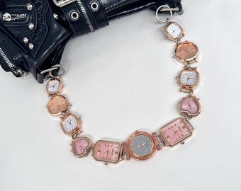 Pink Heart & Glitter Watch Chain Bag Strap, Rose Gold Clock Faces Purse Strap, Kawaii Punk Bag Accessory, Y2K Sweetheart Bag Chain