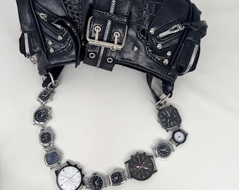 Monochrome Watch Chain Bag Strap, Black & Silver Clock Faces Purse Strap, Techwear Punk Bag Accessory, Gothic Y2K Bag Chain, Edgy Bag Strap